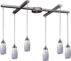 Milan 6 Light Pendant In Satin Nickel and Snow White Glass