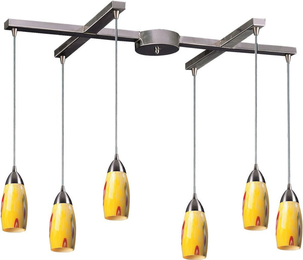 Milan 6 Light Pendant In Satin Nickel and Yellow Blaze Glass