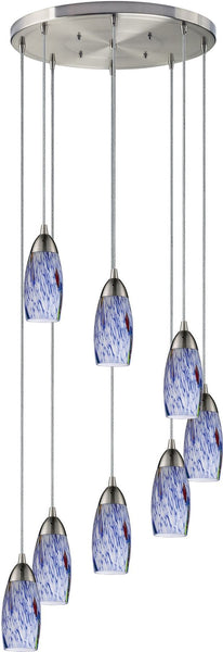 Milan 8 Light Pendant In Satin Nickel and Starburst Blue Glass