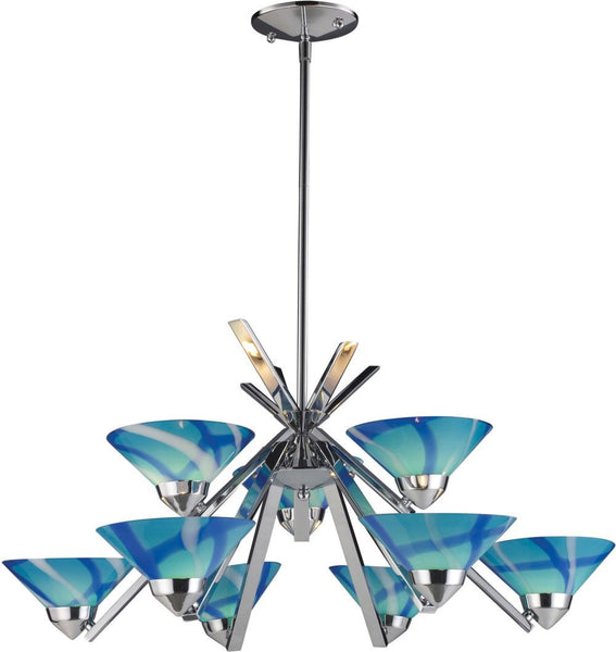 Refraction 9 Light Chandelier In Polished Chrome and Carribean Glass