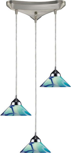 Refraction 3 Light Pendant In Polished Chrome and Caribbean Glass