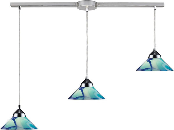 Refraction 3 Light Pendant In Polished Chrome and Carribbean Glass