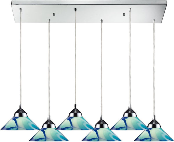 Refraction 6 Light Pendant In Polished Chrome and Caribbean Glass