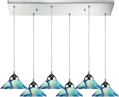 Refraction 6 Light Pendant In Polished Chrome and Caribbean Glass