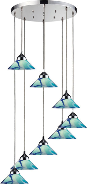 Refraction 8 Light Pendant In Polished Chrome and Caribbean Glass