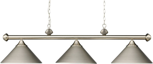 Casual Traditions 3 Light Billiard In Satin Nickel With Matching Metal Shades