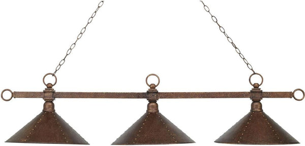 Designer Classic 3 Light Billiard In Antique Copper With Hand Hammered Iron Shades