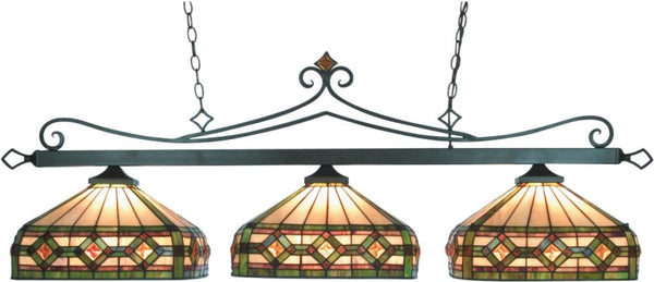 Tiffany Lighting 3 Light Billiard In Tiffany Bronze and Multicolor Tiffany Glass