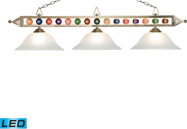 Designer Classics 3 Light Led Billiard In Satin Nickel and White Faux Alabaster Glass