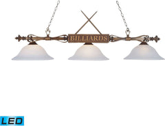 Designer Classics 3 Light Led Billiard In Wood Patina and White Faux Alabaster Glass