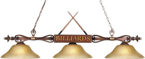 Designer Classics 3 Light Billiard In Wood Patina and Amber Gratina Glass
