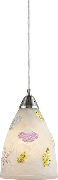 Seashore 1 Light Led Pendant In Satin Nickel and Hand Painted Glass