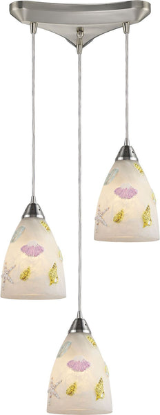 Seashore 3 Light Pendant In Satin Nickel and Hand Painted Glass