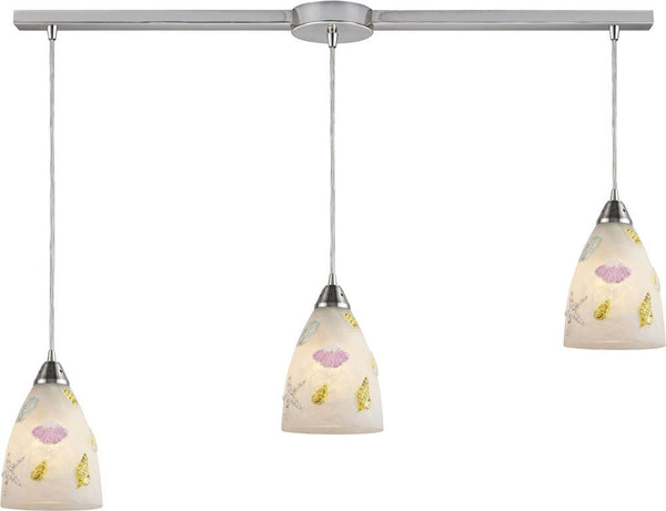 Seashore 3 Light Pendant In Satin Nickel and Hand Painted Glass