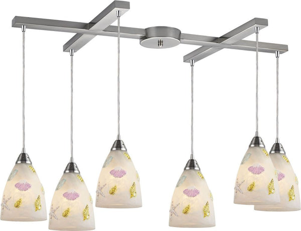 Seashore 6 Light Pendant In Satin Nickel and Hand Painted Glass