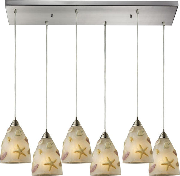 Seashore 6 Light Pendant In Satin Nickel and Hand Painted Glass