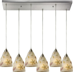 Seashore 6 Light Pendant In Satin Nickel and Hand Painted Glass