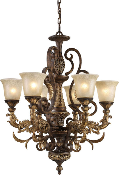 Regency 6 Light Chandelier In Burnt Bronze and Gold Leaf
