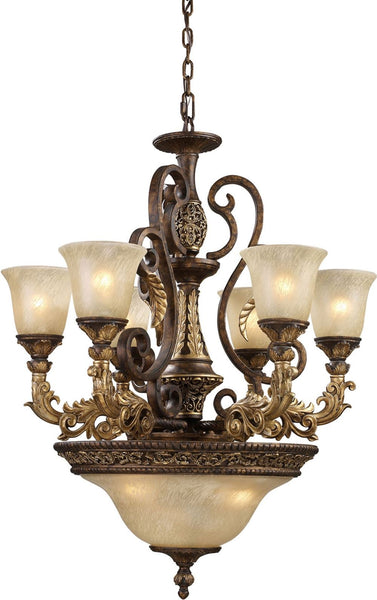 Regency 9 Light Chandelier In Burnt Bronze and Gold Leaf