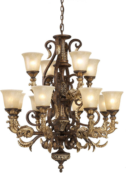 Regency 12 Light Chandelier In Burnt Bronze and Gold Leaf