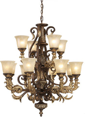 Regency 12 Light Chandelier In Burnt Bronze and Gold Leaf