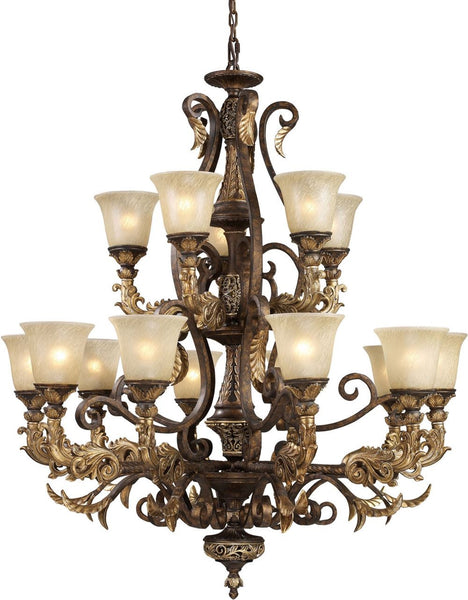 Regency 15 Light Chandelier In Burnt Bronze and Gold Leaf