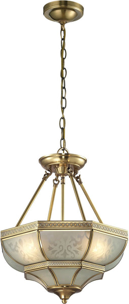 French Damask 3 Light Pendant In Brushed Brass