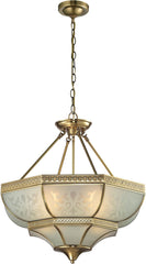French Damask 4 Light Pendant In Brushed Brass and Etched Glass