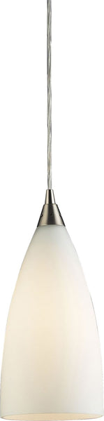 Vesta 1 Light Pendant In Satin Nickel and White Glass