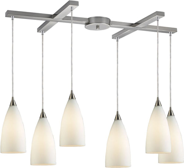 Vesta 6 Light Pendant In Satin Nickel and White Glass