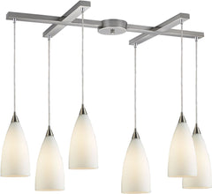 Vesta 6 Light Pendant In Satin Nickel and White Glass