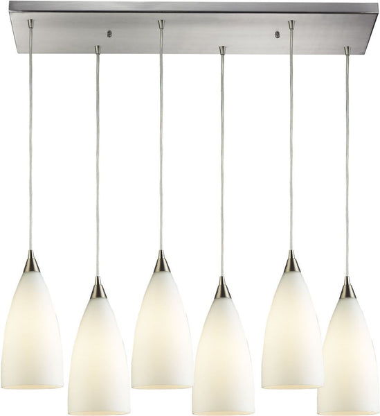 Vesta 6 Light Pendant In Satin Nickel and White Glass