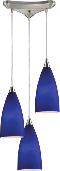 Vesta 3 Light Pendant In Satin Nickel and Royal Blue Glass