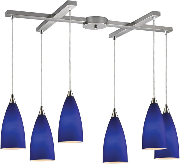 Vesta 6 Light Pendant In Satin Nickel and Royal Blue Glass