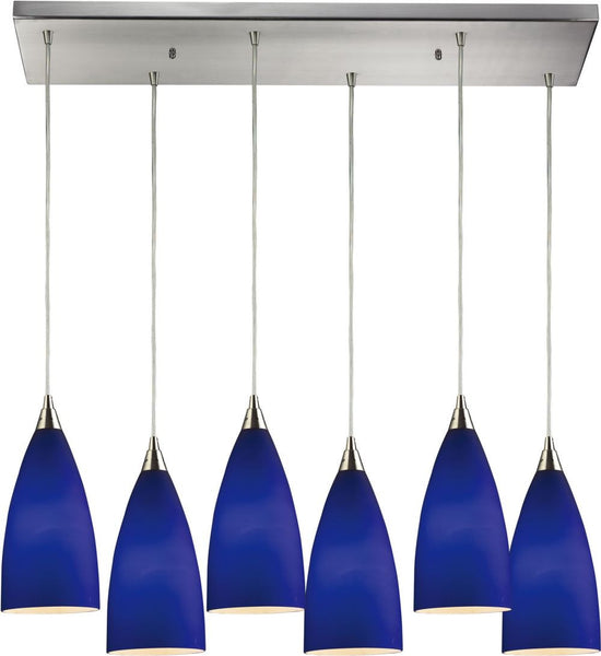 Vesta 6 Light Pendant In Satin Nickel and Royal Blue Glass