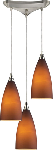 Vesta 3 Light Pendant In Satin Nickel and Tobacco Glass