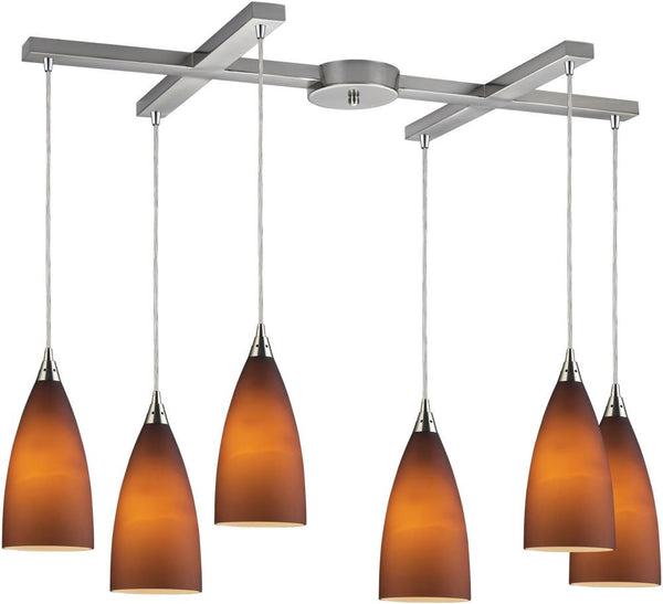 Vesta 6 Light Pendant In Satin Nickel and Tobacco Glass