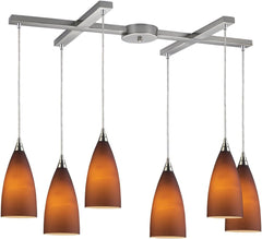 Vesta 6 Light Pendant In Satin Nickel and Tobacco Glass