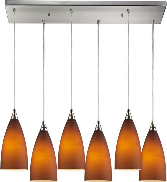 Vesta 6 Light Pendant In Satin Nickel and Tobacco Glass