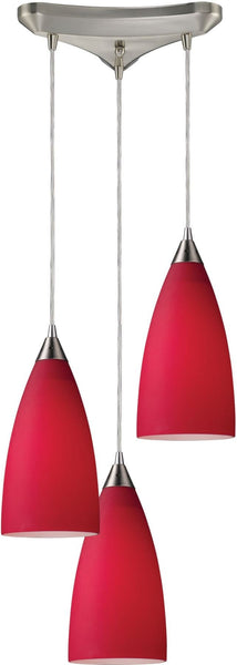 Vesta 3 Light Pendant In Satin Nickel and Cardinal Red Glass