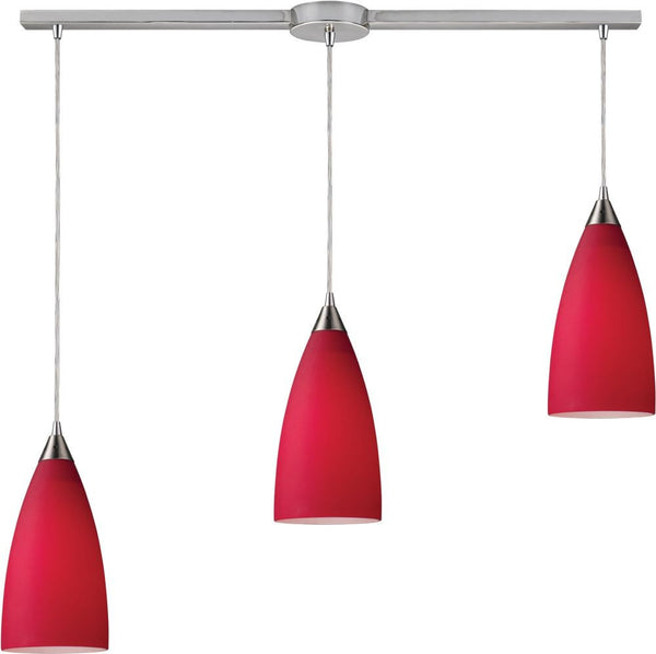 Vesta 3 Light Pendant In Satin Nickel and Cardinal Red Glass