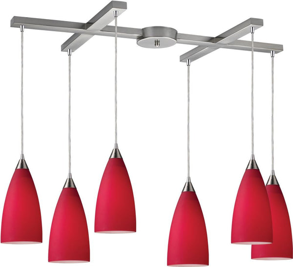 Vesta 6 Light Pendant In Satin Nickel and Cardinal Red Glass