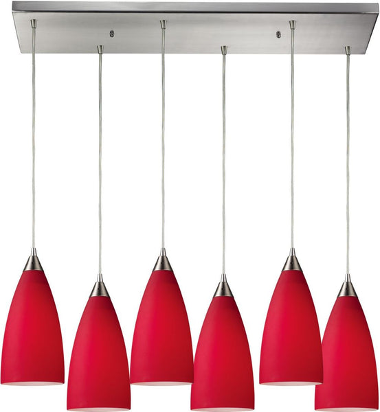 Vesta 6 Light Pendant In Satin Nickel and Cardinal Red Glass