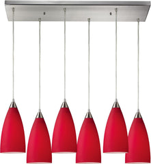 Vesta 6 Light Pendant In Satin Nickel and Cardinal Red Glass