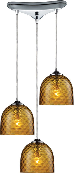 Viva 3 Light Pendant In Polished Chrome and Amber Glass