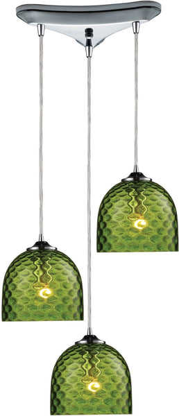 Viva 3 Light Pendant In Polished Chrome and Green Glass