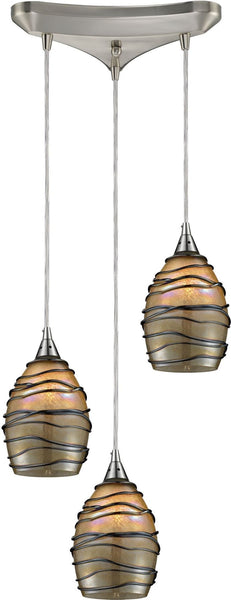 Vines 3 Light Pendant In Satin Nickel and Tan Glass