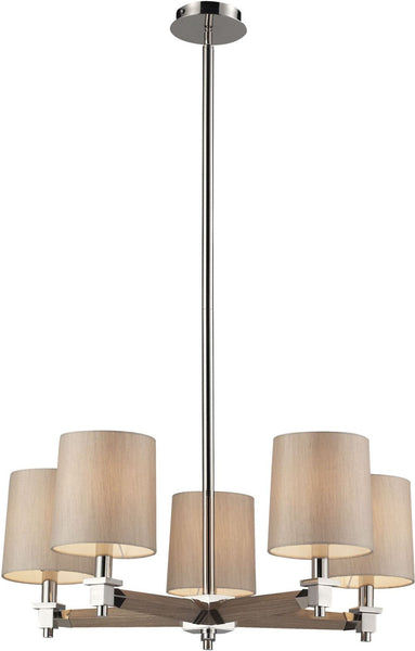 Jorgenson 5 Light Chandelier In Polished Nickel and Taupe Wood