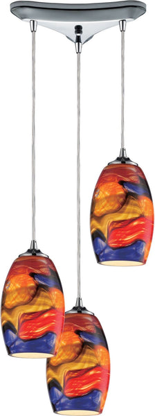 Surrealist 3 Light Pendant In Polished Chrome and Multicolor Glass
