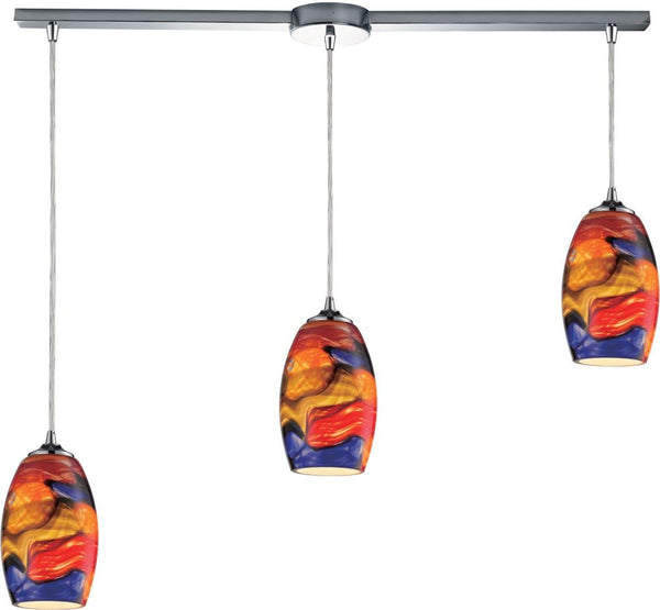Surrealist 3 Light Pendant In Polished Chrome and Multicolor Glass